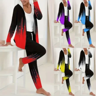 Women 3D Printed Hooded Trousers Suit White Winter Casual
