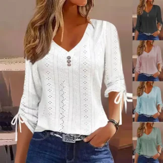 Women V-Neck Buttoned Long Sleeve Top White