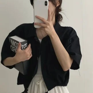 Women Black Short Sleeve Workwear Shirt Summer Retro Style