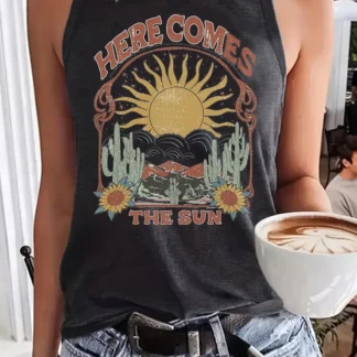 Women Sun Print Sleeveless Top Dark Grey Casual Summer
