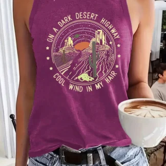 Women Purple Desert Print Sleeveless Top Summer Casual