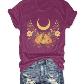 Women Purple Butterfly Moon Print T-Shirt Summer Casual