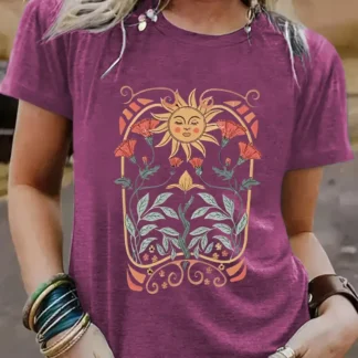 Women Sunflower Print T-Shirt Purple Casual Summer Wear