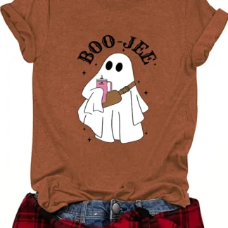 Women Halloween Ghost T-Shirt Brown Short Sleeve