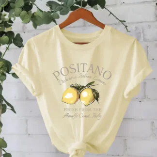 Women Cotton Positano Lemon Print T-Shirt Summer Light Yellow