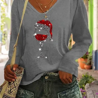 Women Christmas Wine Glass Print V-Neck Long Sleeve T-Shirt