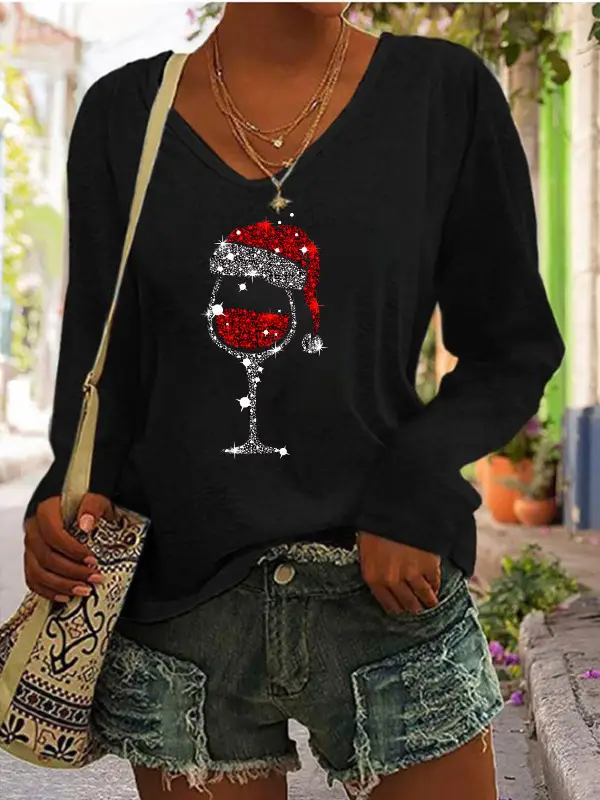 Women Christmas Wine Glass Print V-Neck Long Sleeve T-Shirt - Image 3