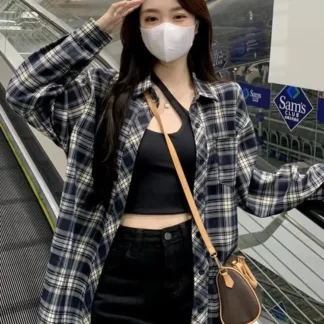 Women Vintage Plaid Loose Shirt Autumn Spring