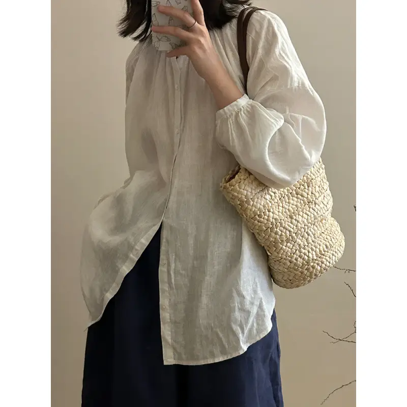 White Linen Shirt Women Loose Long Sleeve Spring - Image 3