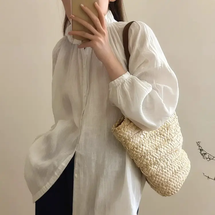 White Linen Shirt Women Loose Long Sleeve Spring - Image 4