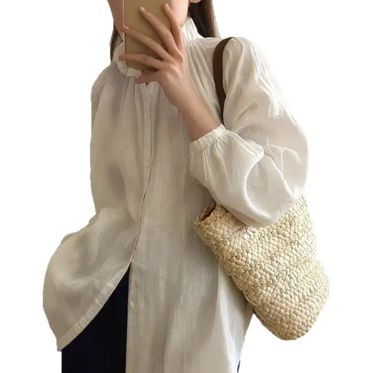 White Linen Shirt Women Loose Long Sleeve Spring - Image 5