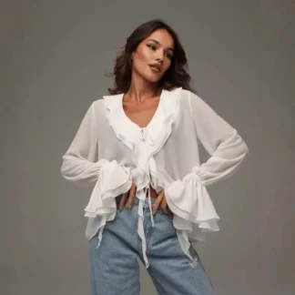 White V-neck Ruffled Long Sleeve Shirt for Women Spring 2025