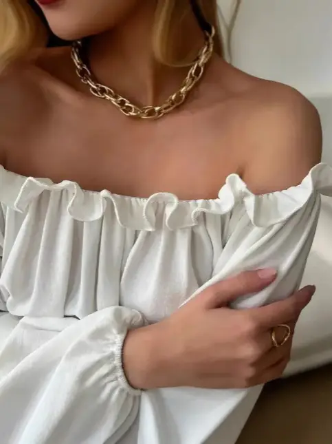 White Off-Shoulder Ruffled Long Sleeve Shirt - Image 3