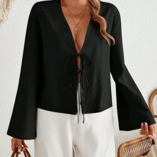 Black Lace-Up V Neck Long Sleeve Shirt Women Casual Spring