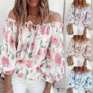 Women Chiffon Off-Shoulder Floral Long Sleeve Top