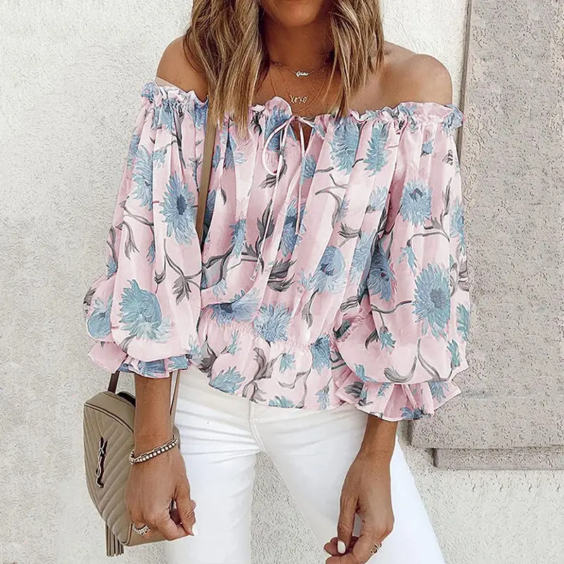 Women Chiffon Off-Shoulder Floral Long Sleeve Top - Image 2