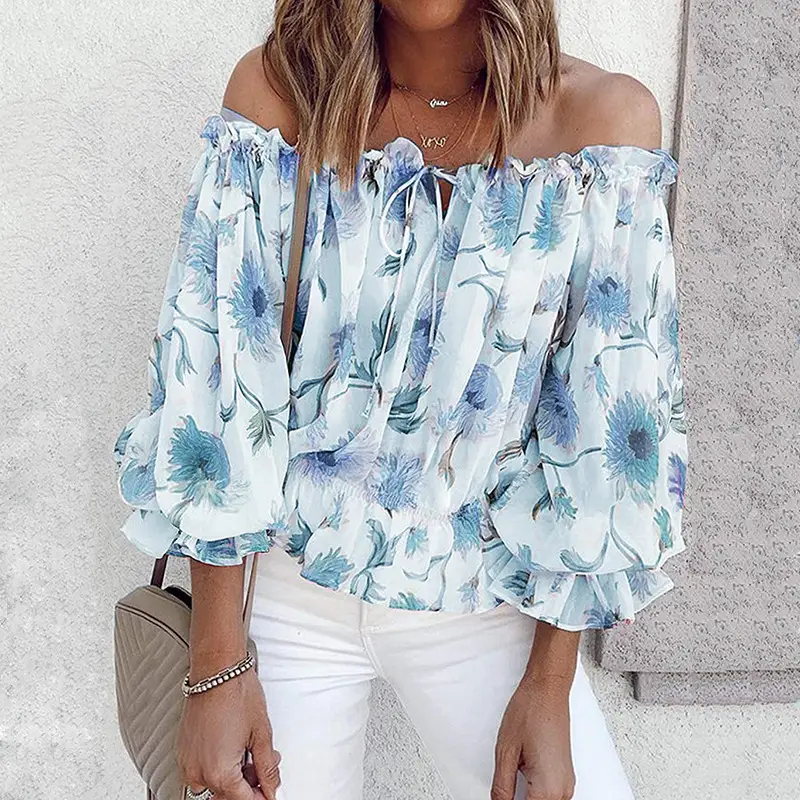 Women Chiffon Off-Shoulder Floral Long Sleeve Top - Image 4
