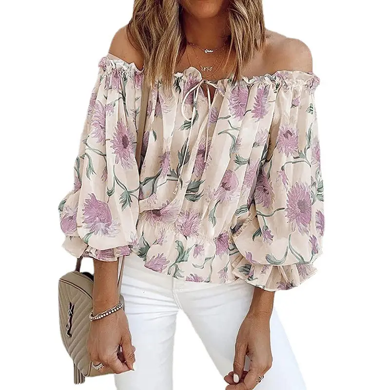 Women Chiffon Off-Shoulder Floral Long Sleeve Top - Image 5
