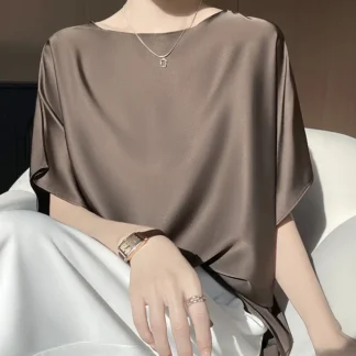 Women Silk Dolman Top Solid Brown Summer Casual