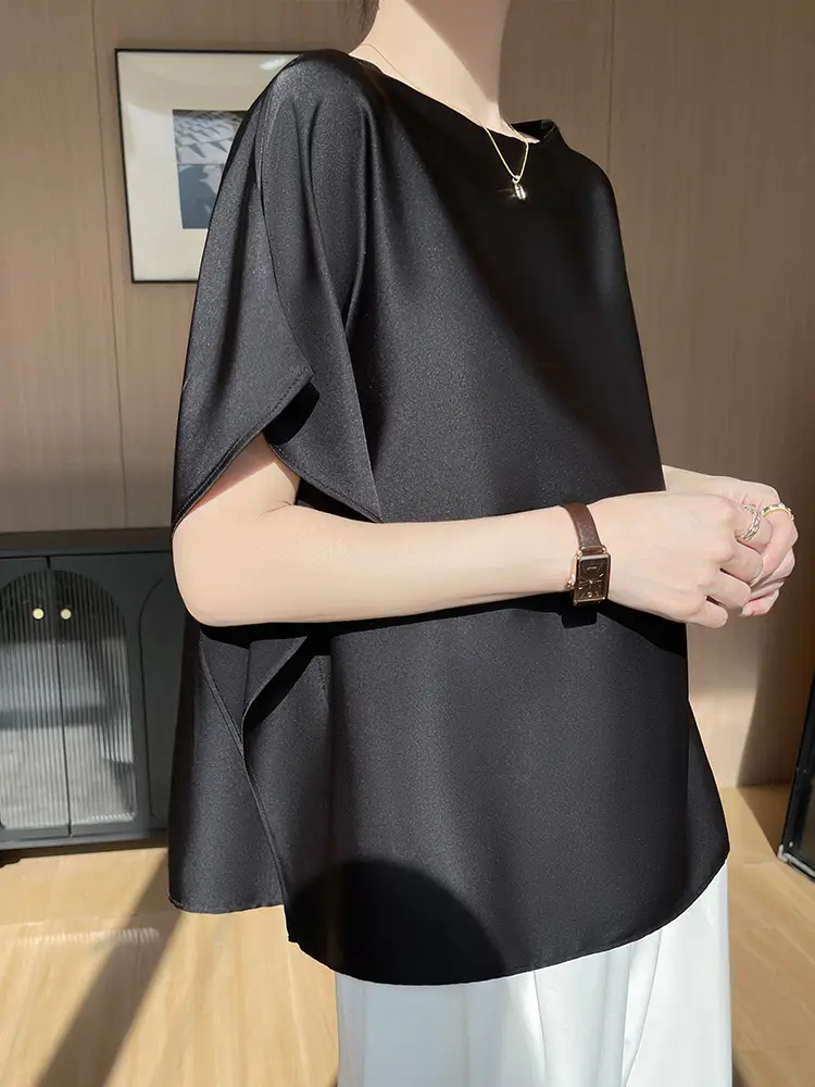 Women Silk Dolman Top Solid Brown Summer Casual - Image 3