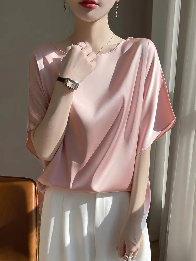 Women Silk Dolman Top Solid Brown Summer Casual - Image 5