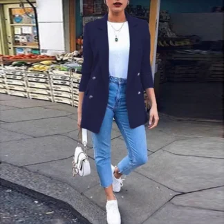 Women Navy Blue Mid-Length Blazer Jacket Spring Autumn Solid Color Casual Outerwear