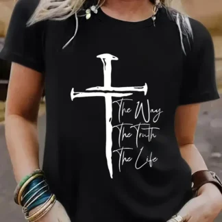 Women Black Cross T-Shirt Summer Casual Short Sleeve