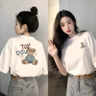 Women White Printed Loose Fit Korean T-Shirt