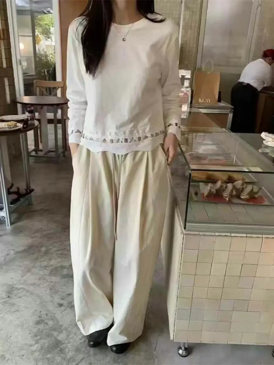 Women Long Sleeve Hollow Out T-Shirt White Loose Autumn - Image 2