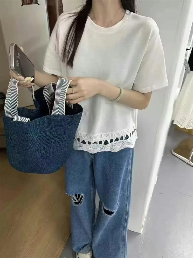 Women Long Sleeve Hollow Out T-Shirt White Loose Autumn - Image 3