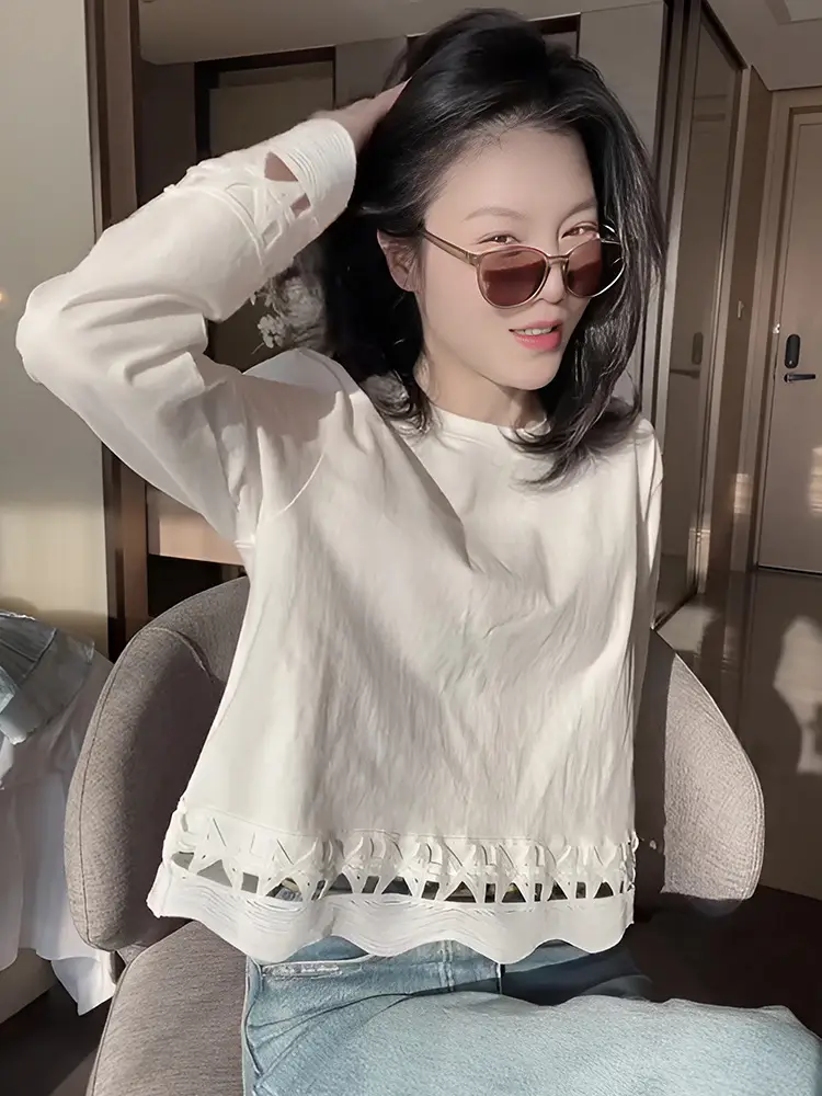 Women Long Sleeve Hollow Out T-Shirt White Loose Autumn - Image 4