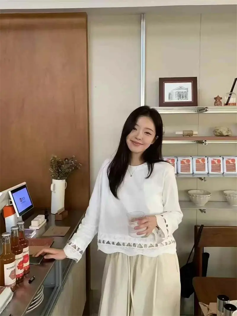 Women Long Sleeve Hollow Out T-Shirt White Loose Autumn - Image 5