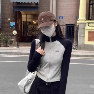 Women Zipper Raglan Sleeve Jacket Spring Autumn Black Grey