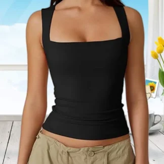 Women Square Neck Sleeveless Vest Black Summer