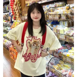 Women Loose Cotton T-Shirt with Cat Print Summer Casual Wear