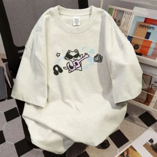 Women Loose Cotton Cat Print T-Shirt Summer White Gray