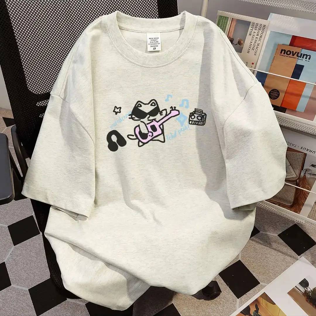 Women Loose Cotton Cat Print T-Shirt Summer White Gray