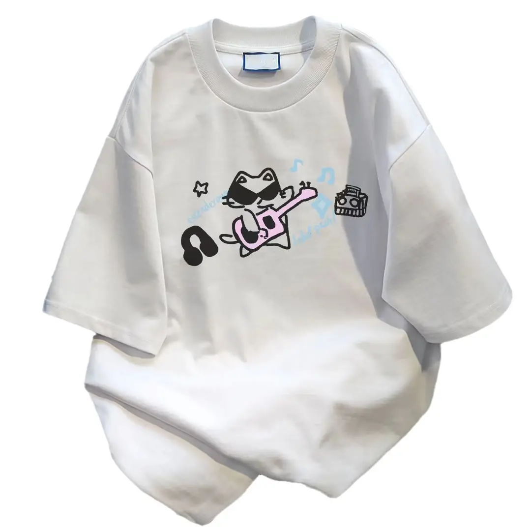 Women Loose Cotton Cat Print T-Shirt Summer White Gray - Image 5