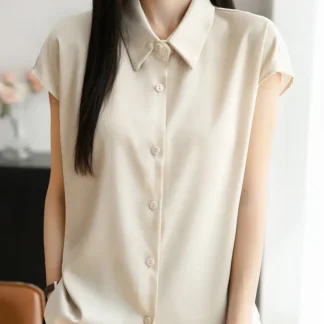 Women Simulated Silk Short Sleeve Polo Shirt White Loose Fit Summer