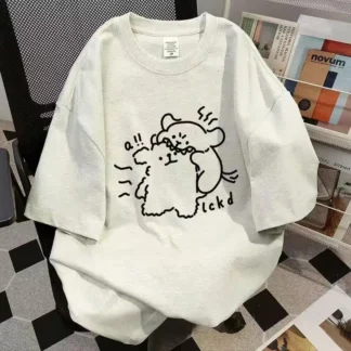 White Cotton Bear Print T-Shirt for Women Summer