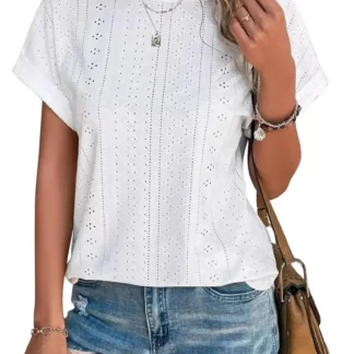 White Eyelet Short Sleeve Women's Casual T-Shirt Summer Beach Vacation
