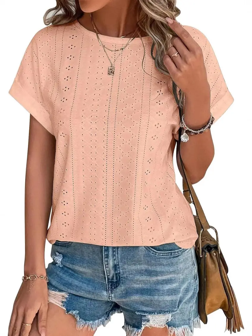 White Eyelet Short Sleeve Women's Casual T-Shirt Summer Beach Vacation - Image 4