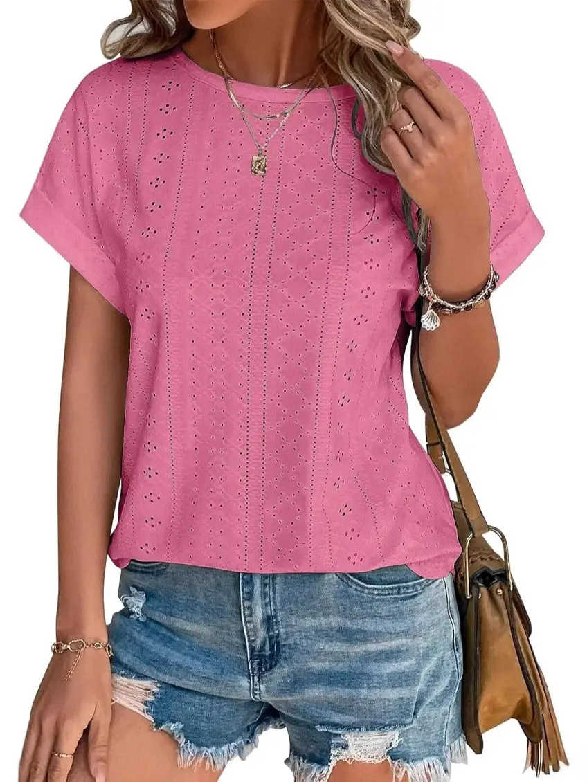 White Eyelet Short Sleeve Women's Casual T-Shirt Summer Beach Vacation - Image 5
