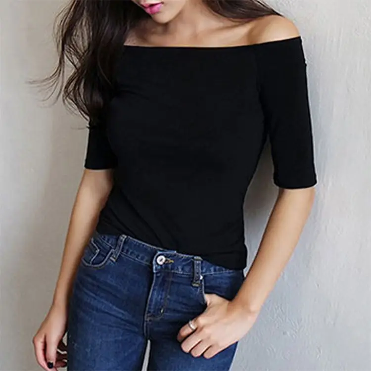 Women Off-Shoulder Cotton Top Black Autumn Winter - Image 2