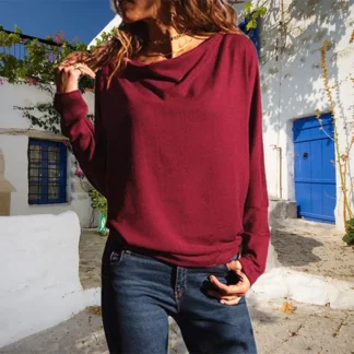 Women Loose Bat Sleeve Sweatshirt Burgundy Casual Daily Wear