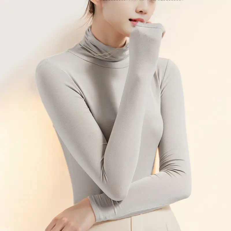 Women Turtleneck Long Sleeve Autumn Top Modal Elegant Grey
