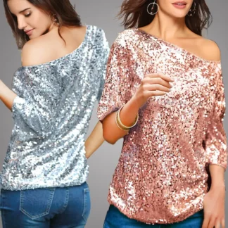 Women Sequin Off-Shoulder Mid-Sleeve Shirt