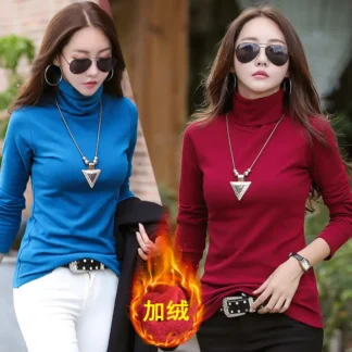 Women High Collar Long Sleeve Velvet Padded Shirt Autumn Winter Slim Fit Plus Size