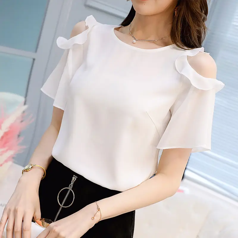 Women Black Shoulder Ruffle Shirt Spring Slim Fit - Image 2
