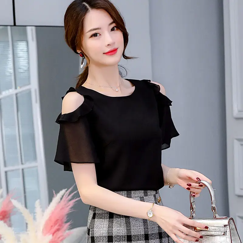 Women Black Shoulder Ruffle Shirt Spring Slim Fit - Image 3